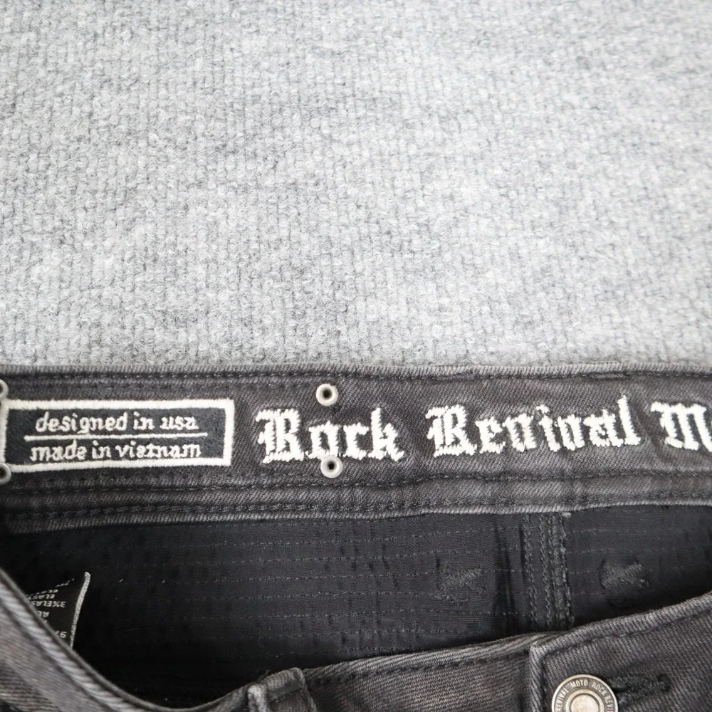 Rock Revival Moto Men Black Distressed Biker Jeans‎ Slim Fit Ribbed Details READ